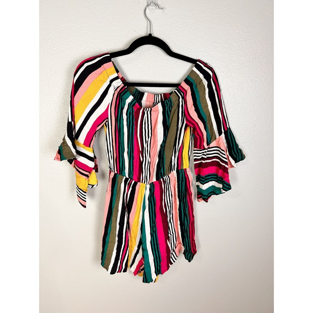 Express‎ Romper Sz S Bell Sleeve Rainbow Tie Waist Stretch Collar Boho Colorful